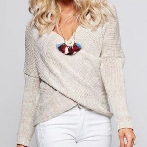 Beige V-Neck Knit Sweater